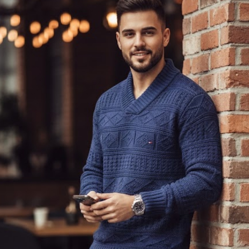 Tommy Hilfiger Men's Blue Chunky Geometric Preppy Cotton Sweater SZ L